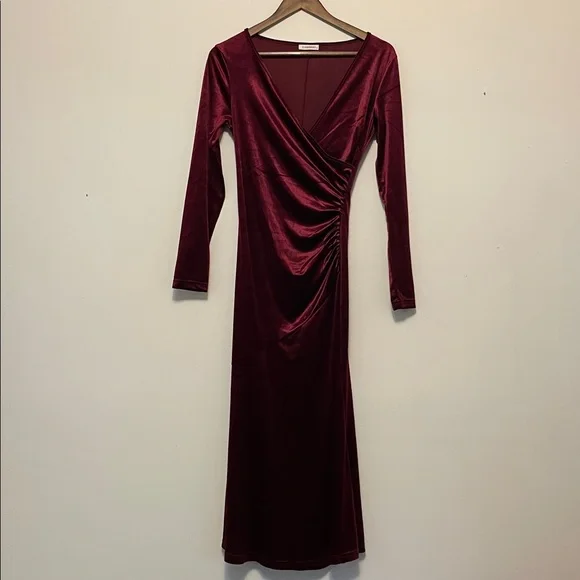 Zaberry Long Sleeve V-neck Velvet Wrap Bridesmaid Wedding Guest Party Dress - Picture 2 of 5